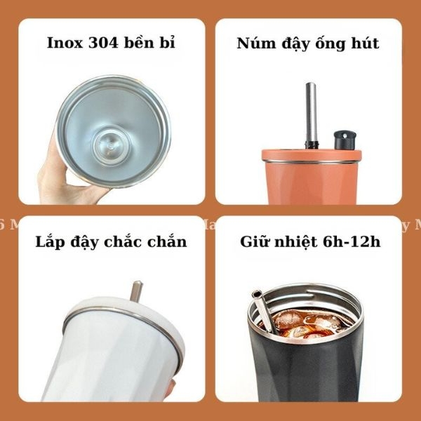 TYESO ly giữ nhiệt dung tích 600ml, ly tyeso kèm ống hút và cọ rửa, ly giữ nhiệt cao cấp giữ tràn