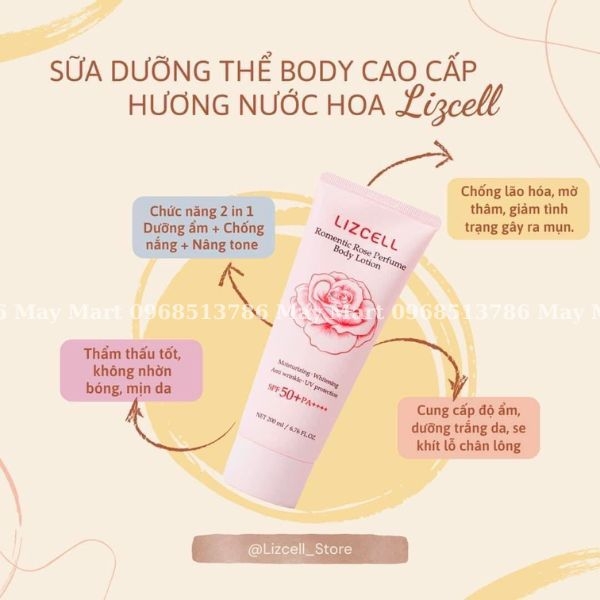 Sữa Dưỡng Thể Cao Cấp Hương Nước Hoa Lizcell Romentic Rose Nâng Tone 200Ml