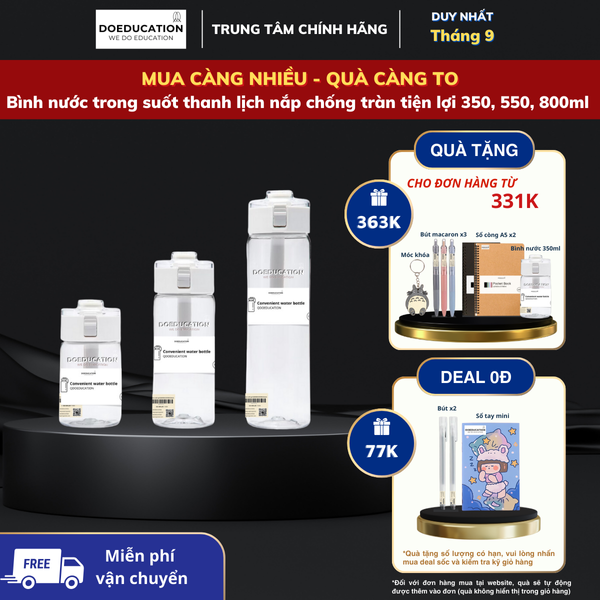 Bình nước trong suốt thanh lịch nắp chống tràn tiện lợi 550ml QDOEDUCATION | Quang Trọng center